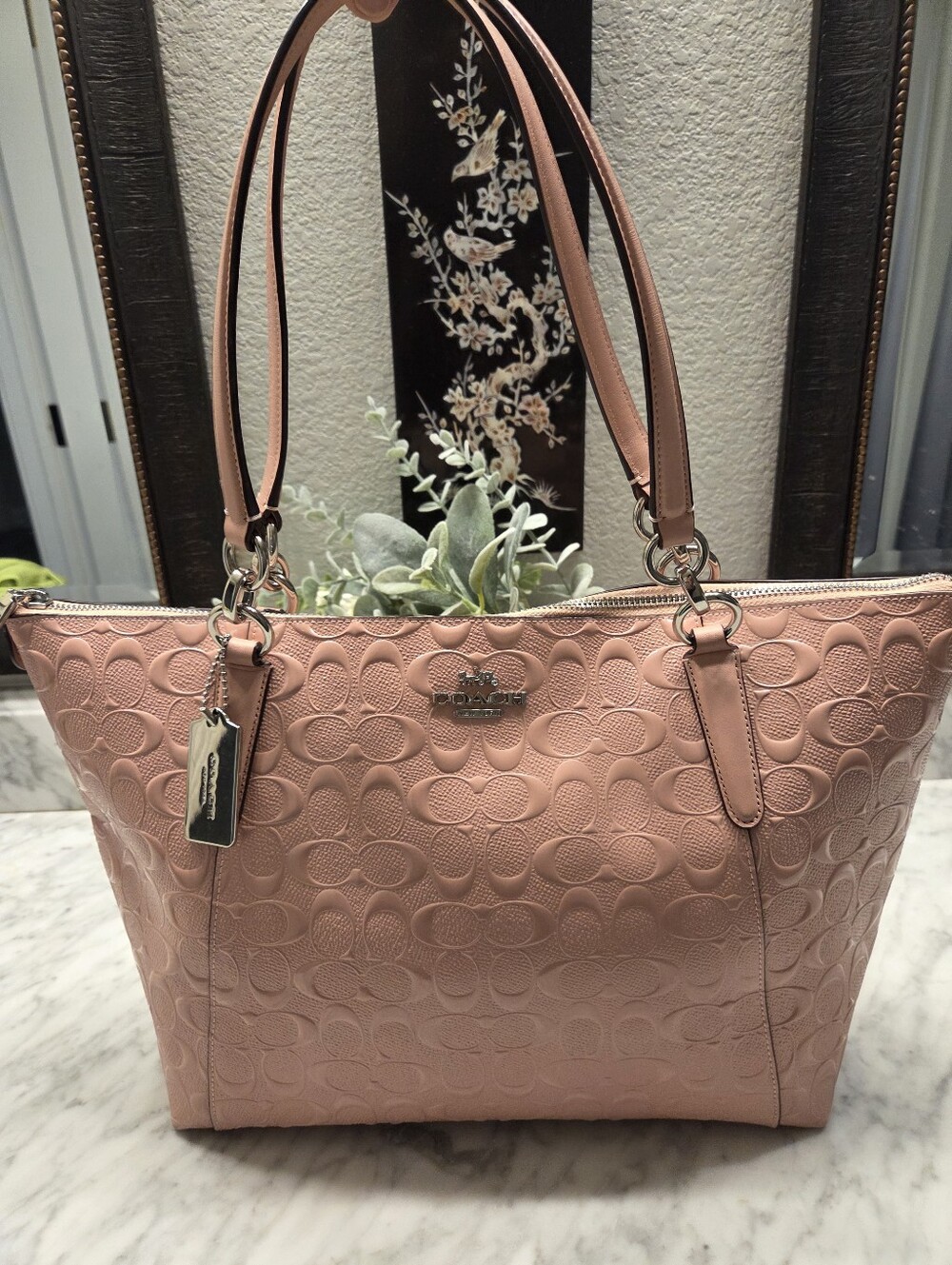 Coach Dusty Pink Embossed Signature Leather Tote
